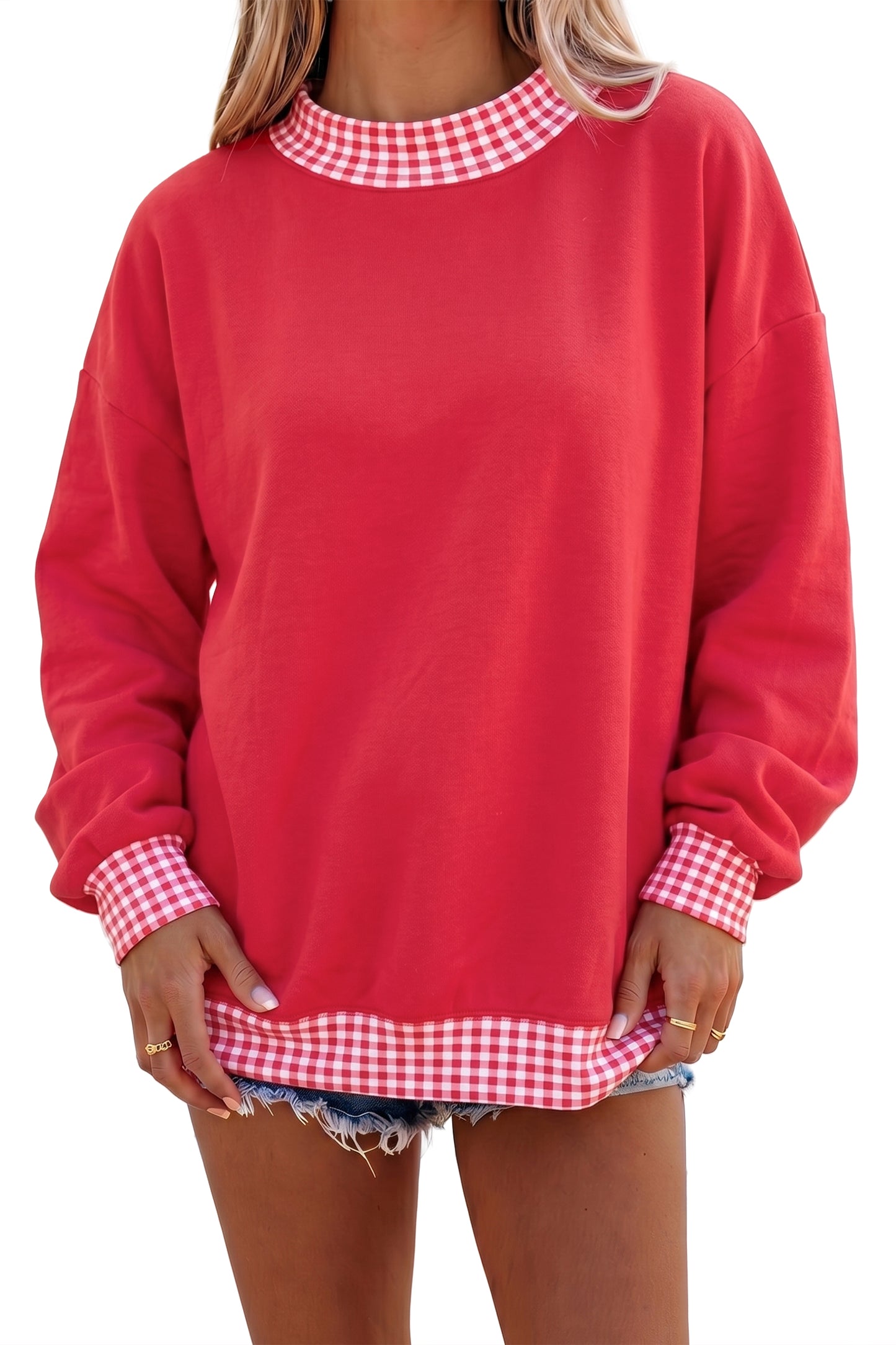 Fiery Red Colorblock Polka Dot Contrast Trim Oversized Sweatshirt
