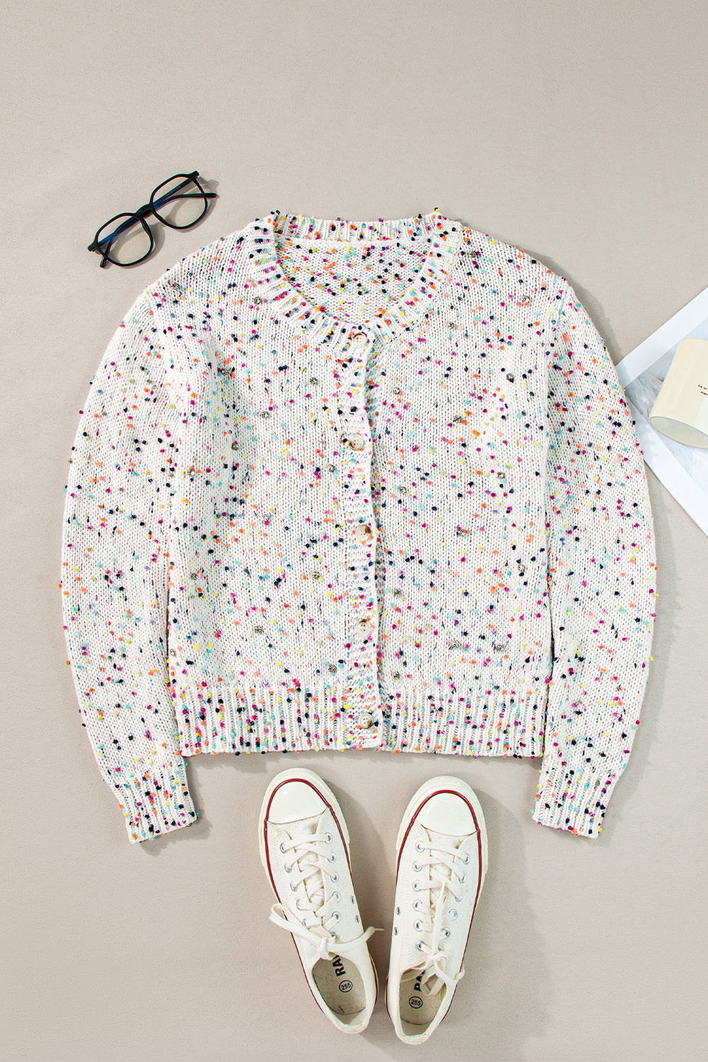 Apricot Confetti Knit Cropped Open Front Cardigan