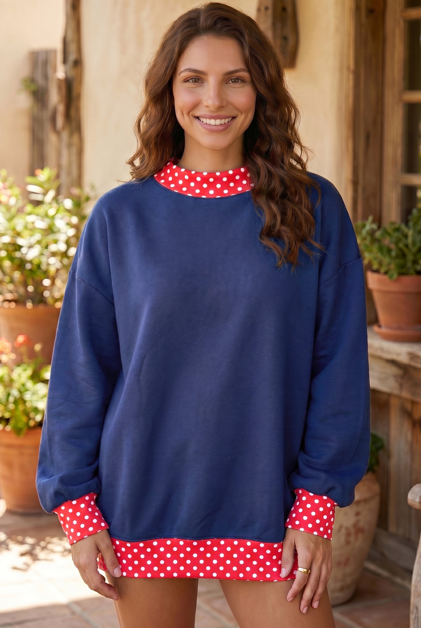 Fiery Red Colorblock Polka Dot Contrast Trim Oversized Sweatshirt