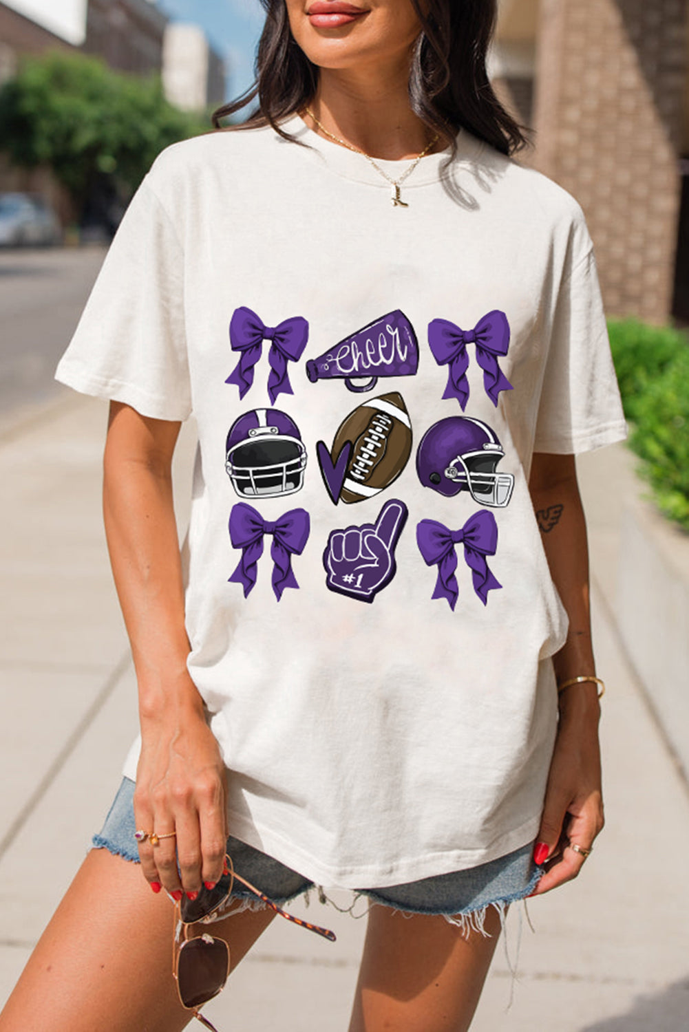 White Game Day Rugby Cheer Helmet Bow Graphic Tee