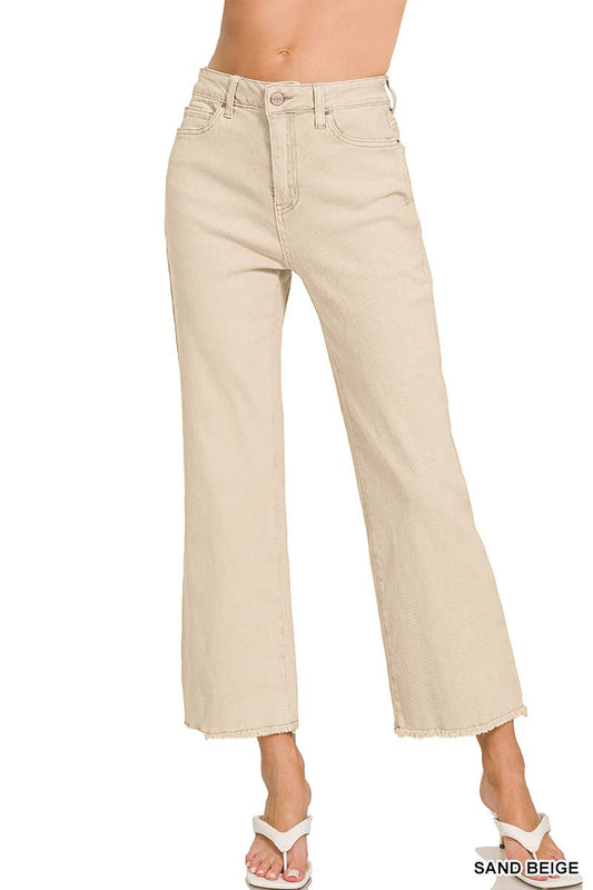 Zenana Acid Washed High Waist Frayed Hem Bootcut Pants: SAND BEIGE