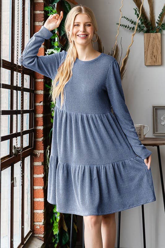 LONG SLEEVE SOLID URBAN RIBBED TIERED MINI DRESS