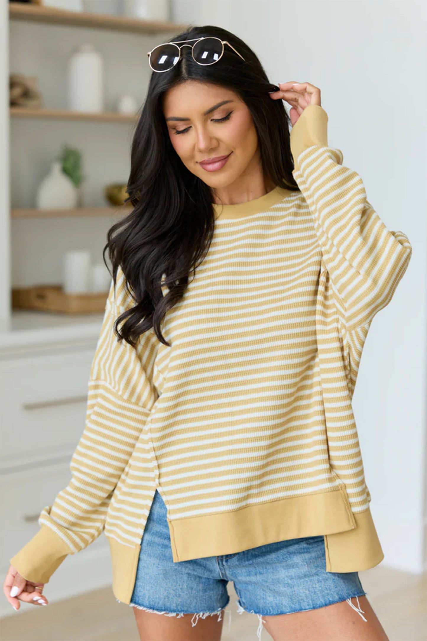 Khaki Stripe Textured Knit Color Block Trim Split Hem Long Sleeve Top