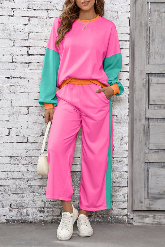 Rose Red Colorblock Patchwork Long Sleeve Top and Pants Set