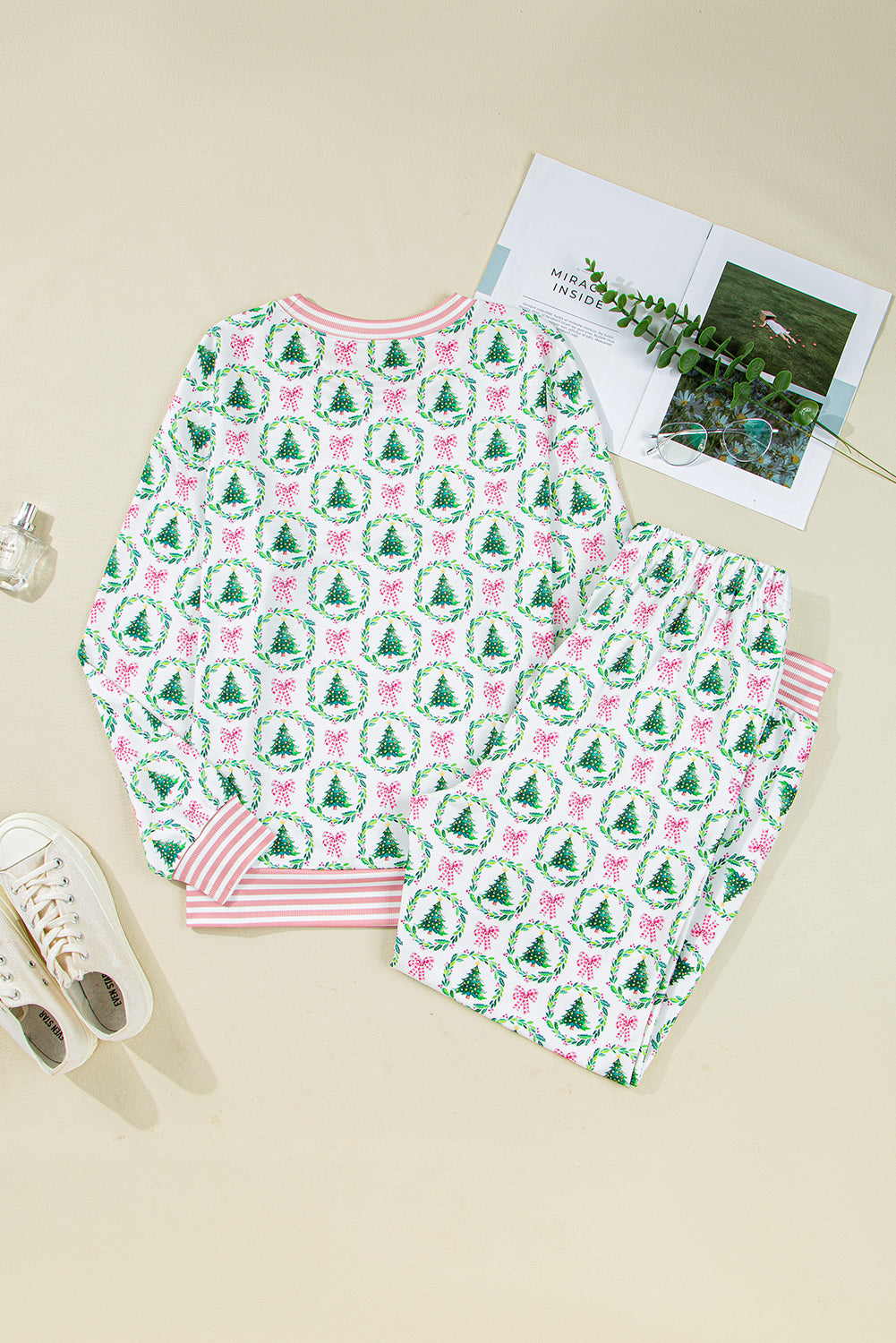 Green Bow Christmas Tree Print Contrast Striped Trim 2pcs Lounge Set