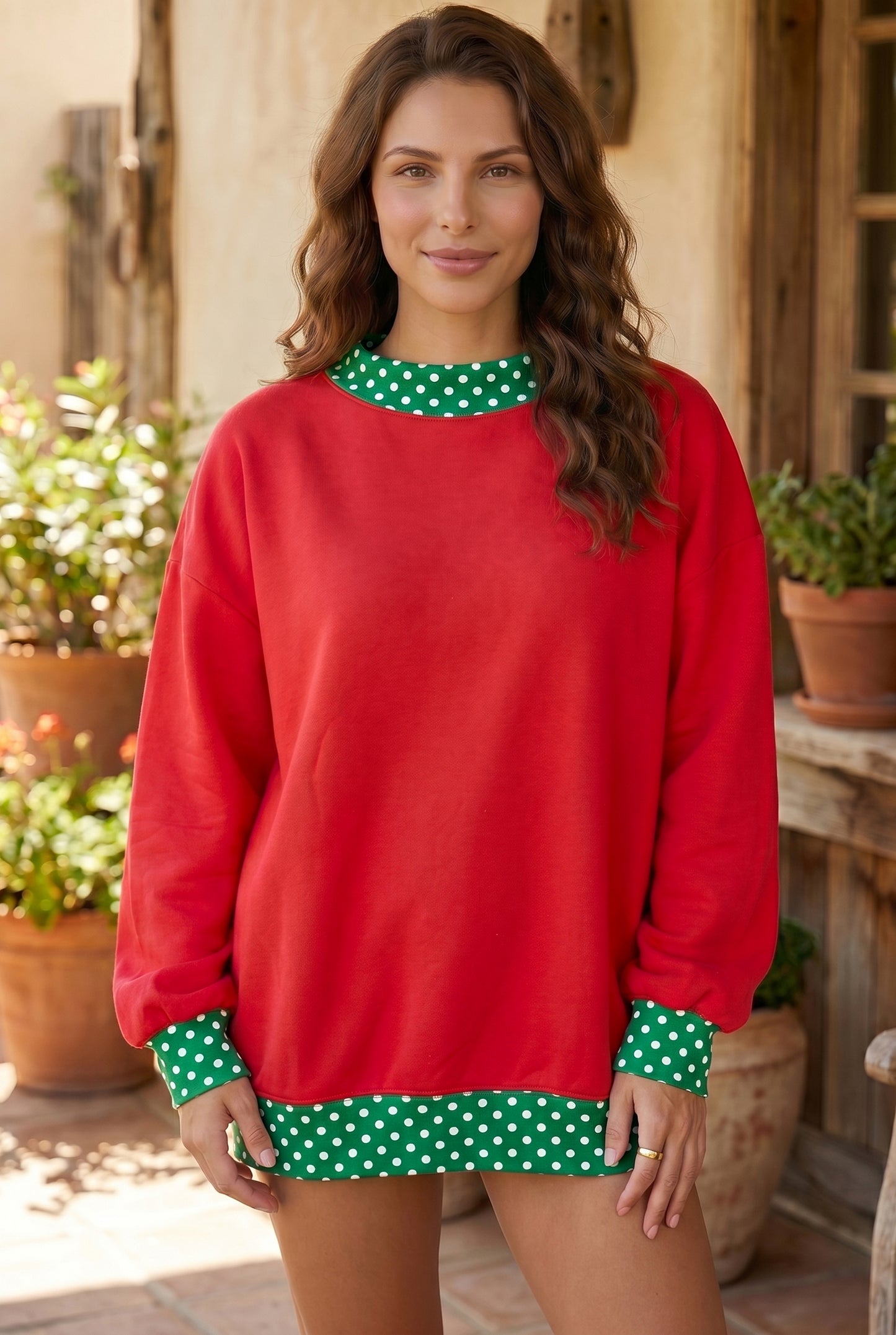 Fiery Red Colorblock Polka Dot Contrast Trim Oversized Sweatshirt