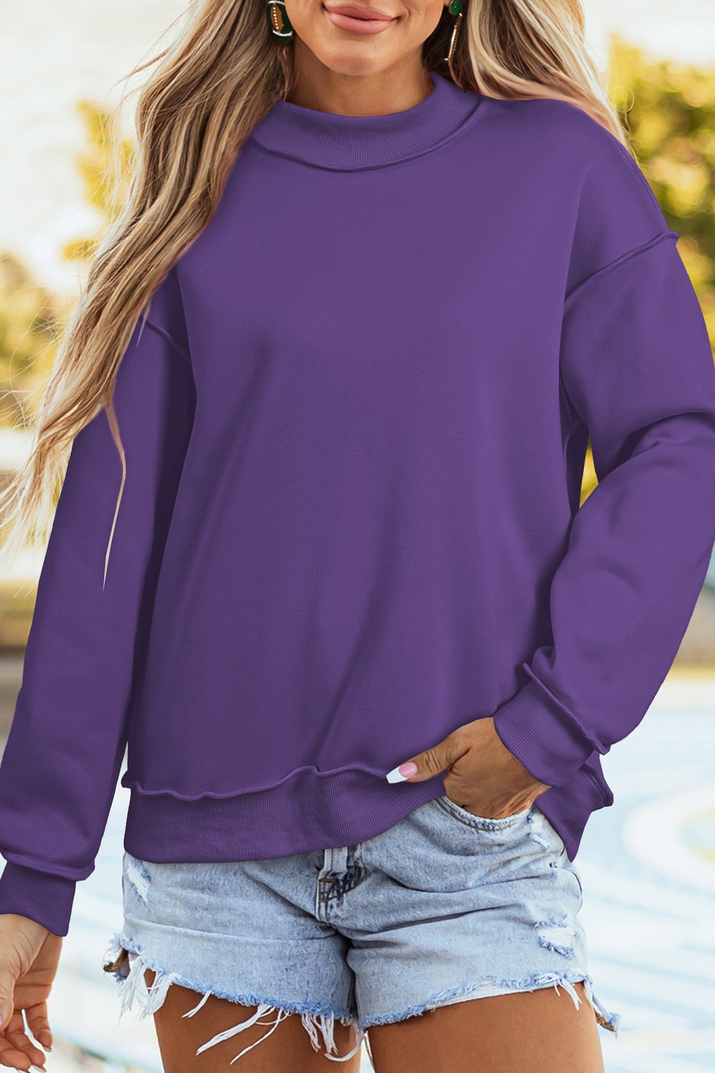 Bright Pink Oversize Drop Shoulder Reversible Mock Neck Sweatshirt