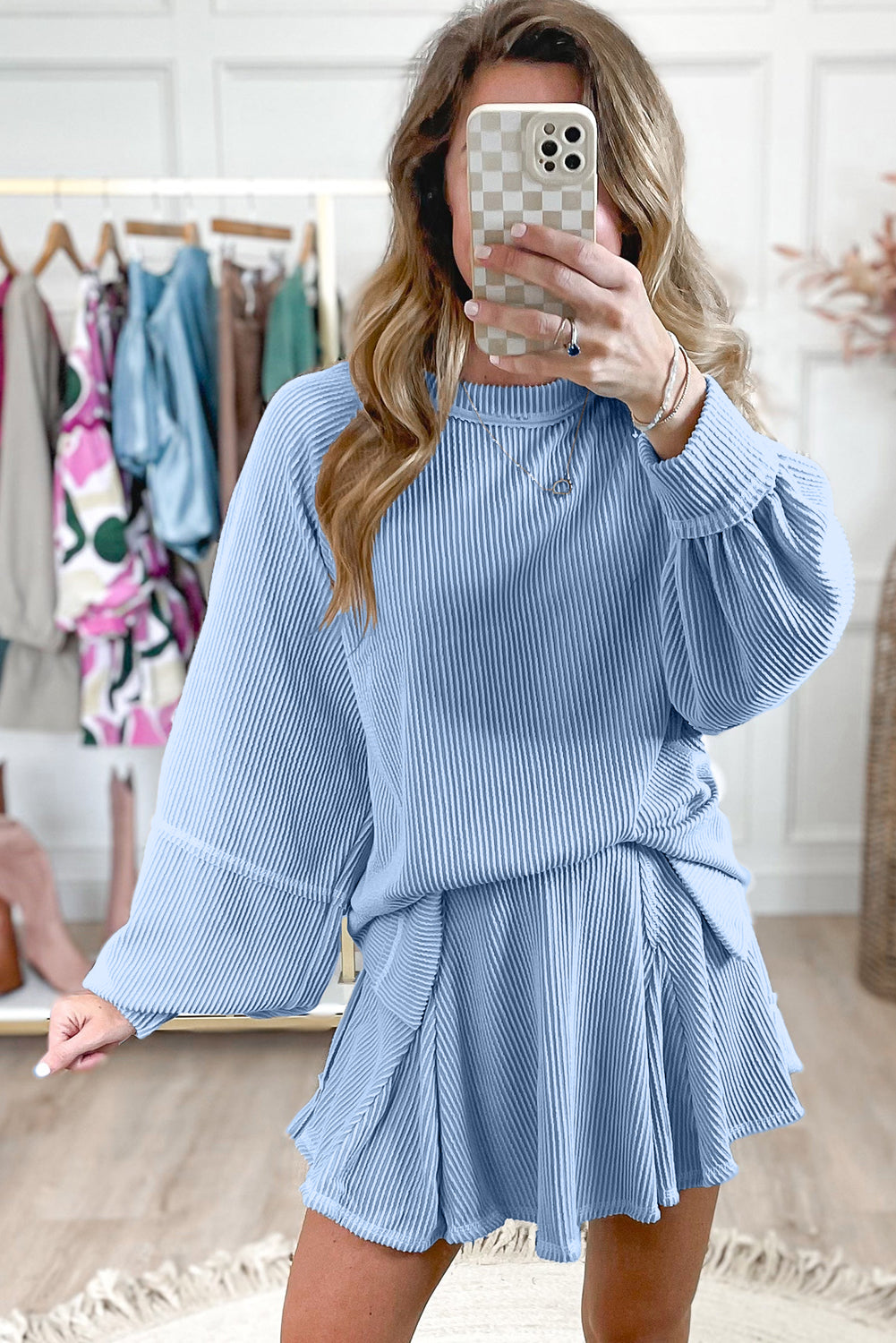 Sky Blue Corded Lantern Sleeve Top High Waist Ruffled Mini Skort Set