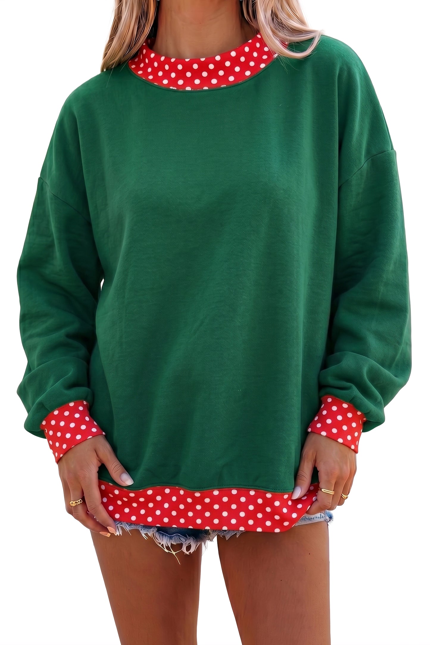 Fiery Red Colorblock Polka Dot Contrast Trim Oversized Sweatshirt