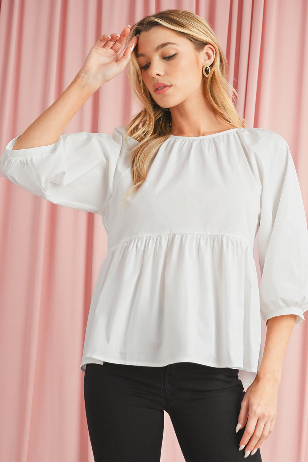 White Bow Knot Cutout Back Loose Fit 3/4 Sleeve Blouse