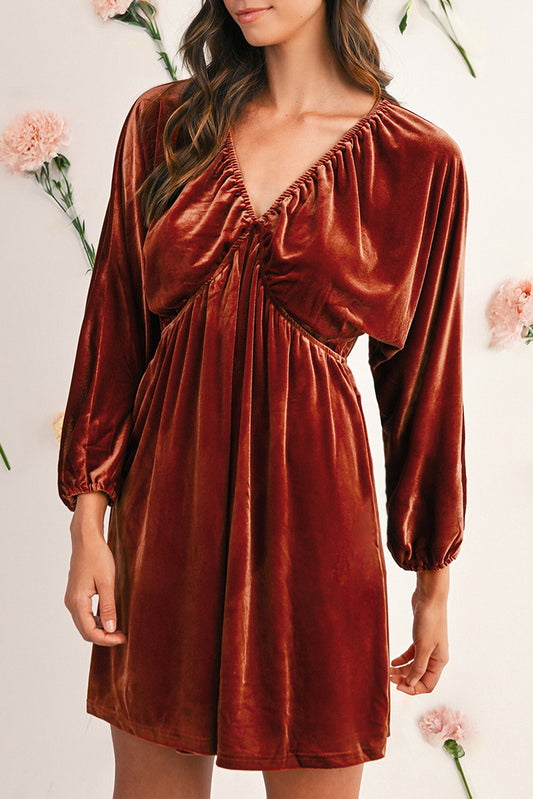 Clay Elastic V Neck Puff Sleeve Flowy Velvet Dress