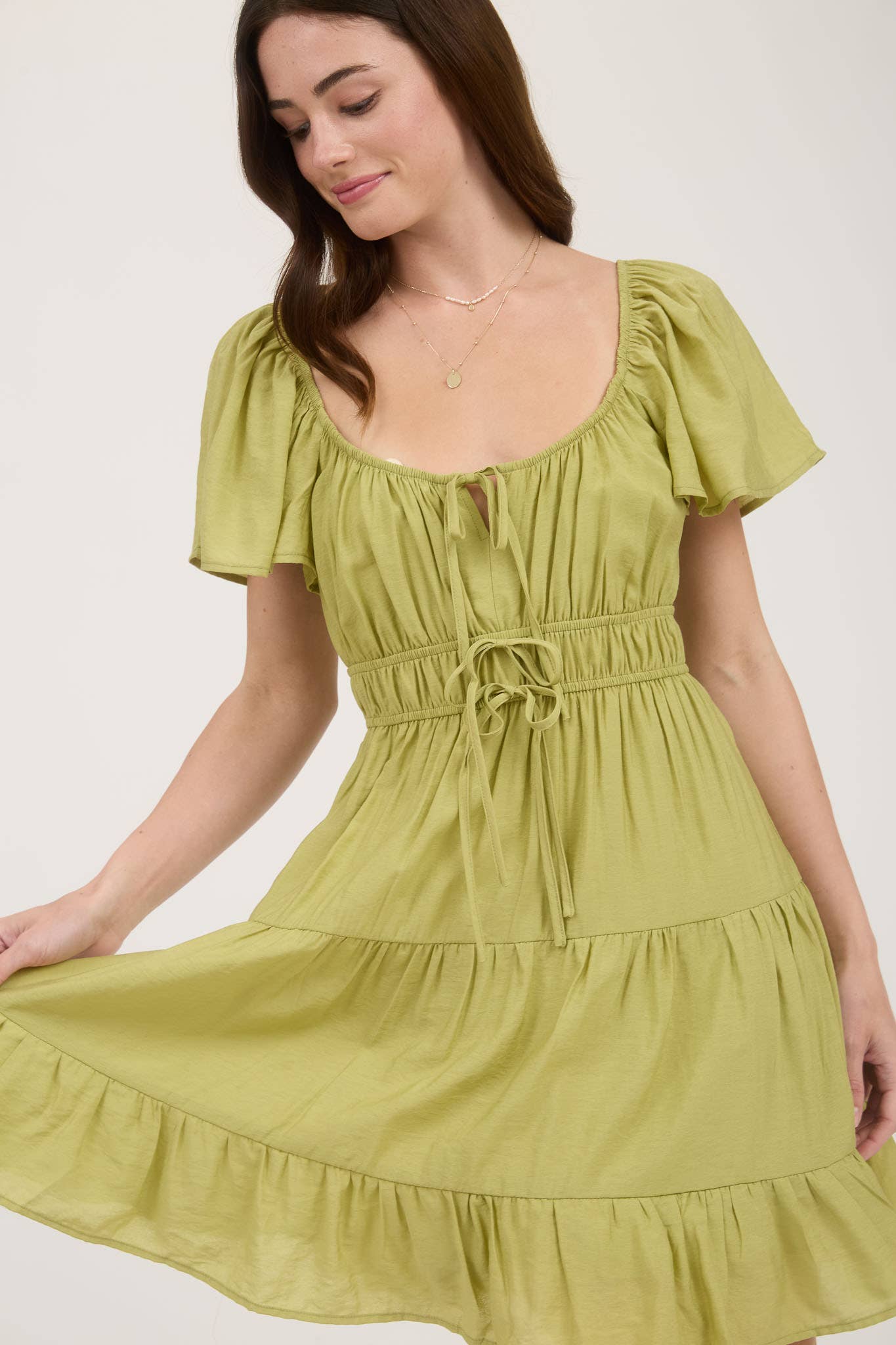 FRONT TIE STRAP SHORT SLEEVE TIERED MINI Dress