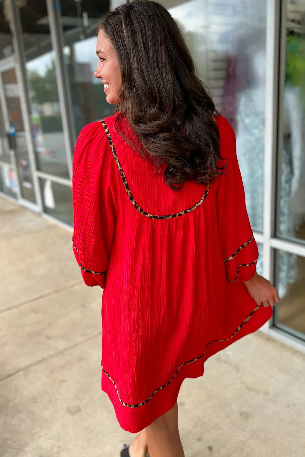 Fiery Red Textured V Neck Leopard Contrasted Trim Long Sleeve Shift Mi Magnolia Threads Fiery Red Textured V Neck Leopard Contrasted Trim Long Sleeve Shift Mi Magnolia Threads