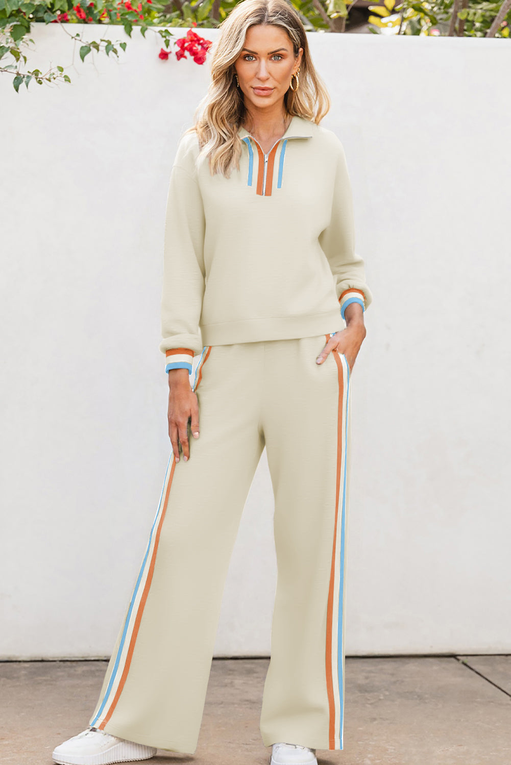 Apricot Striped Patchwork Quarter Zip Pullover Loose Pants Set