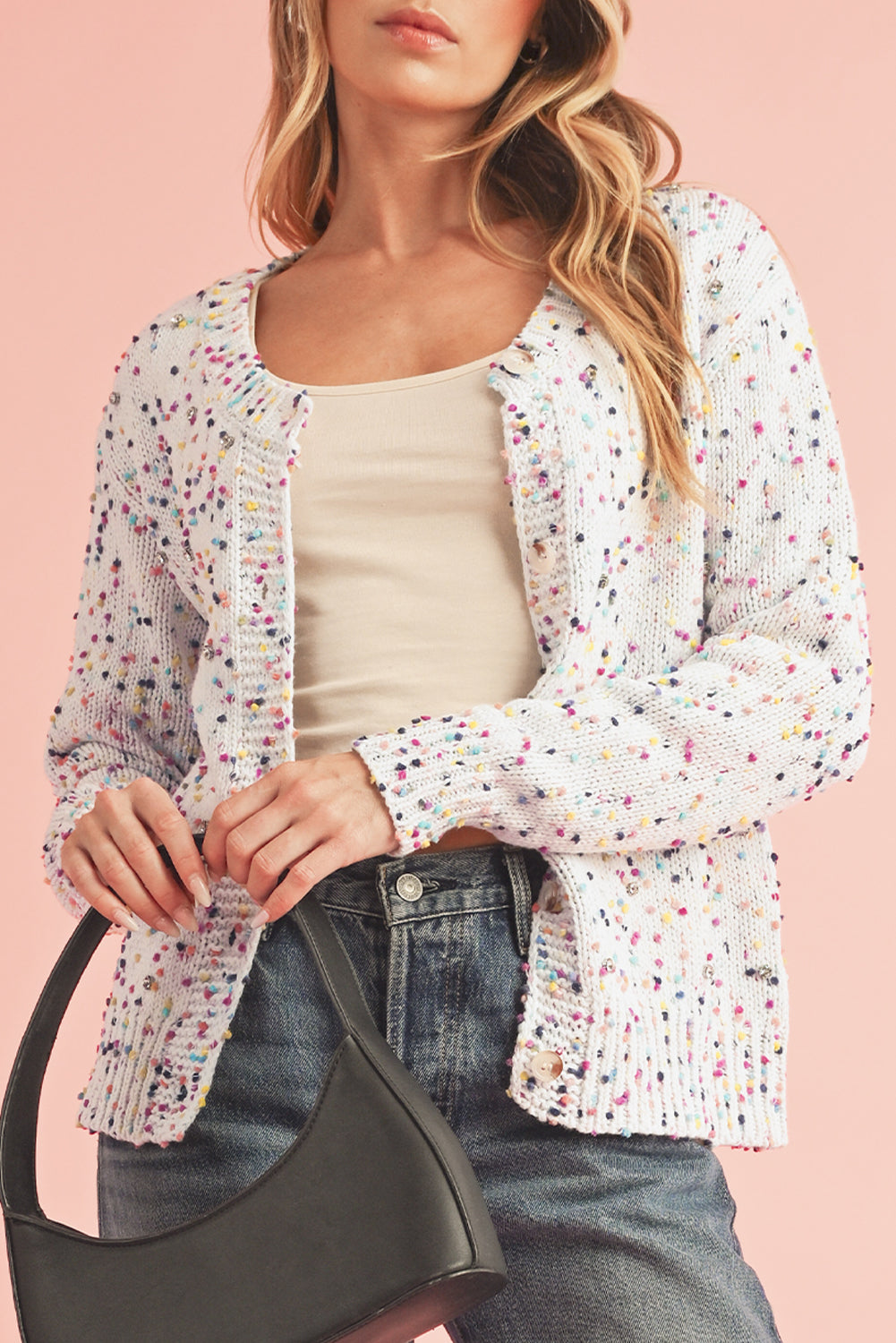 Apricot Confetti Knit Cropped Open Front Cardigan