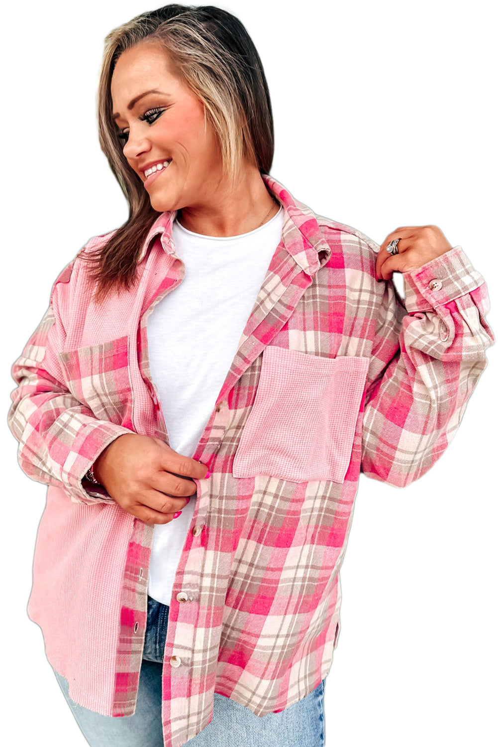 Pink Waffle Pocket Plaid Patchwork Plus Size Shirt