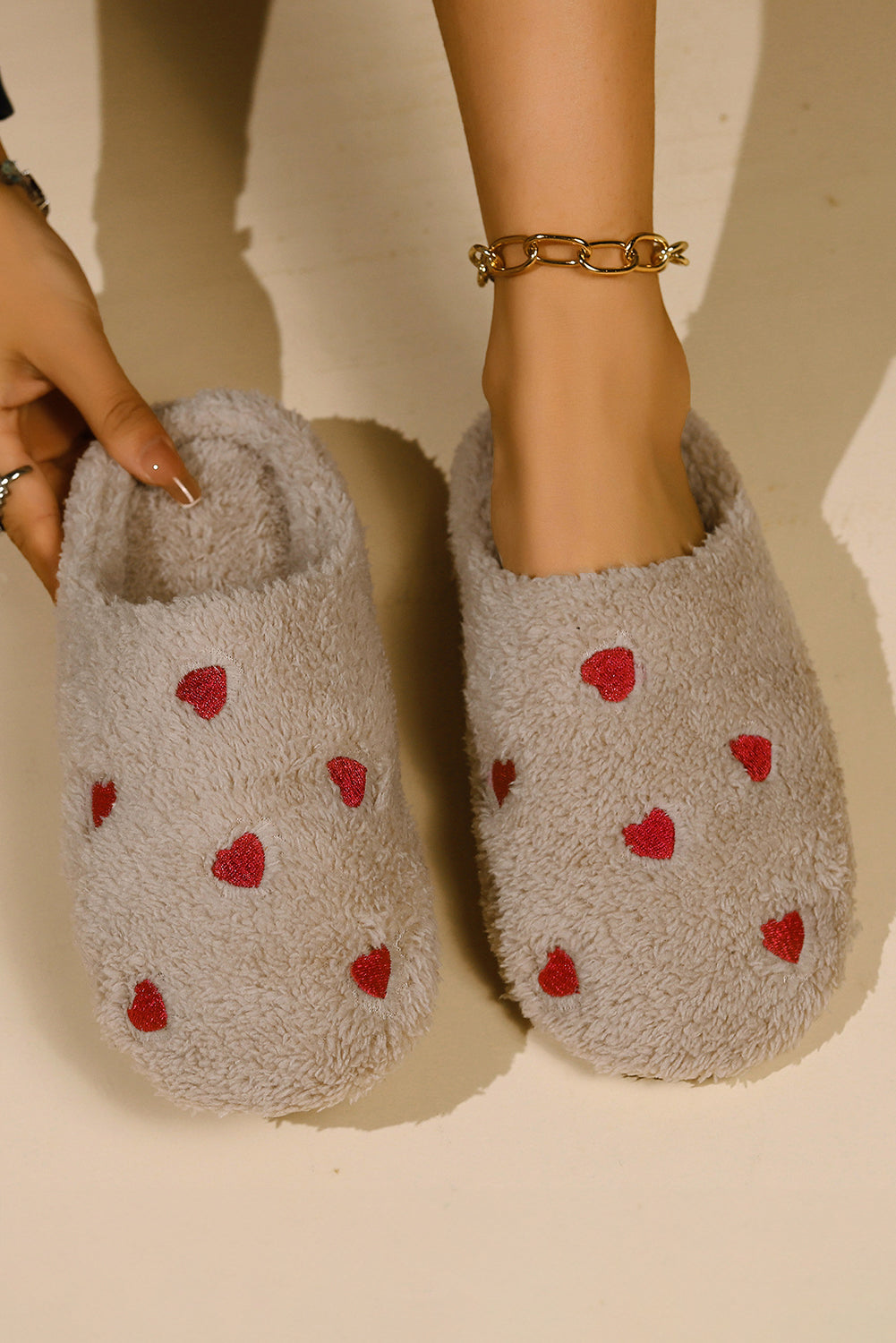White Heart Shape Embroidered Slip On Plush Slippers
