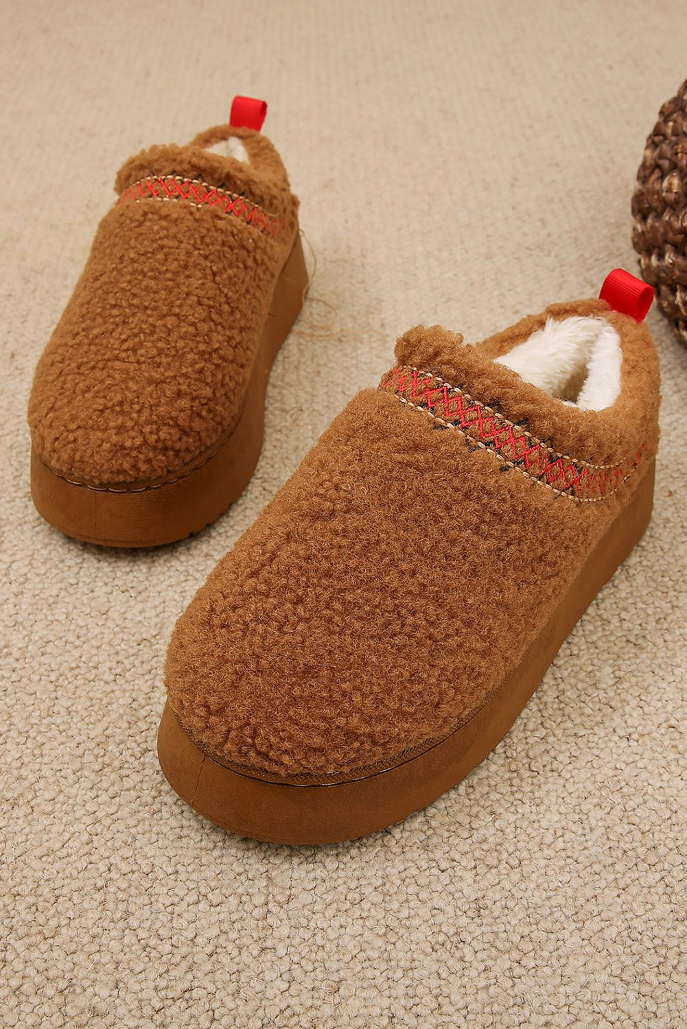 Oatmeal Warm Contrast Trim Plush Thick Sole Slippers