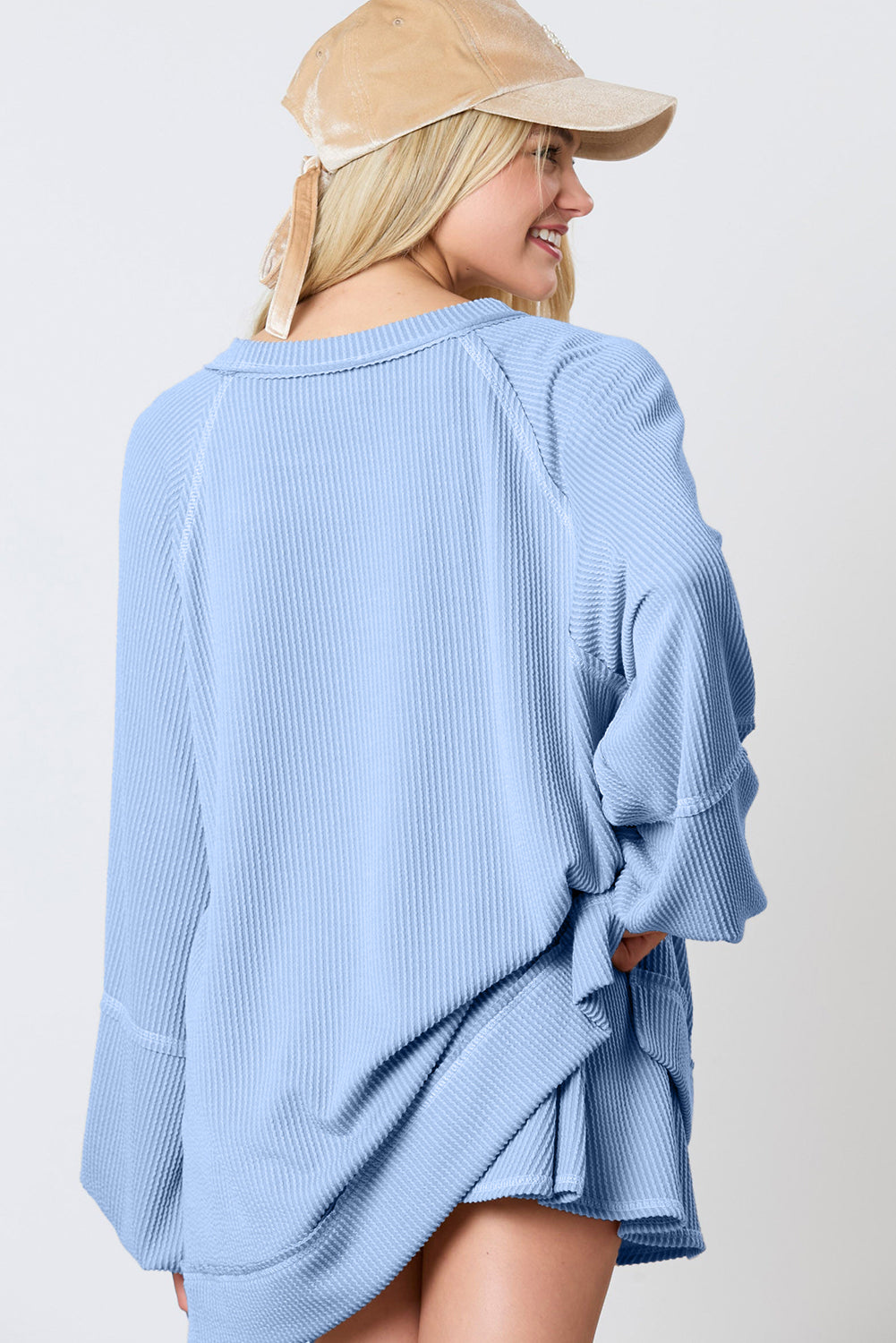 Sky Blue Corded Lantern Sleeve Top High Waist Ruffled Mini Skort Set
