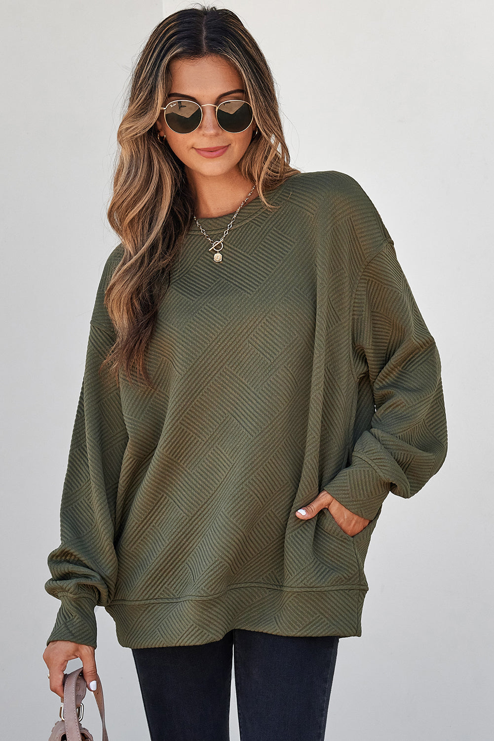 Coffee Solid Color Textured Round Neck Drop Shoulder Pullover Sweatshirt