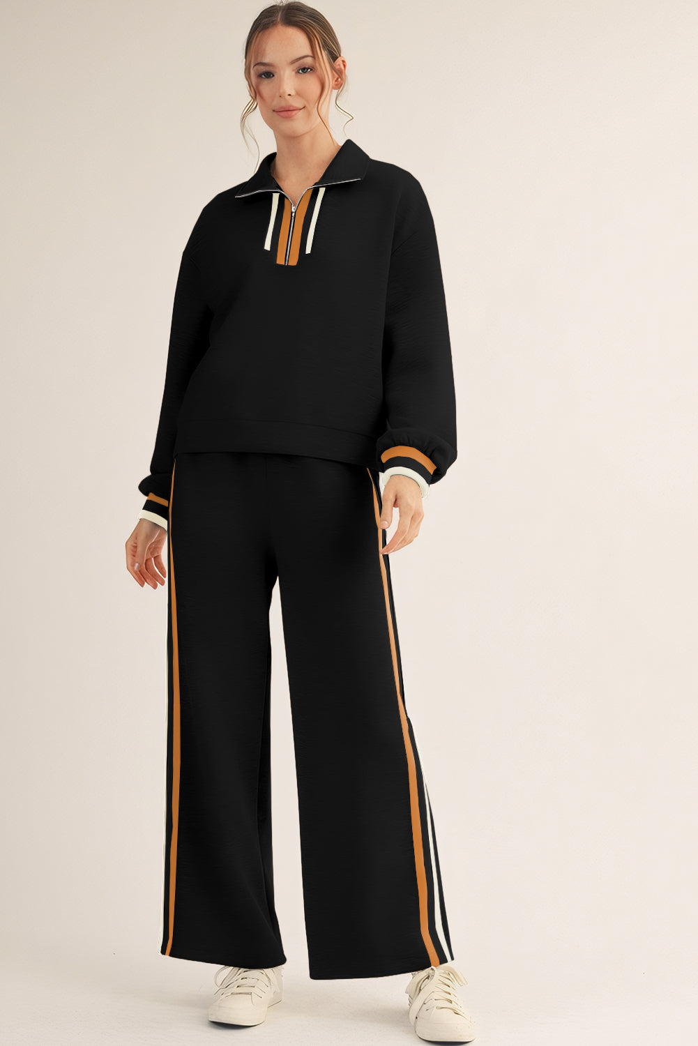 Apricot Striped Patchwork Quarter Zip Pullover Loose Pants Set