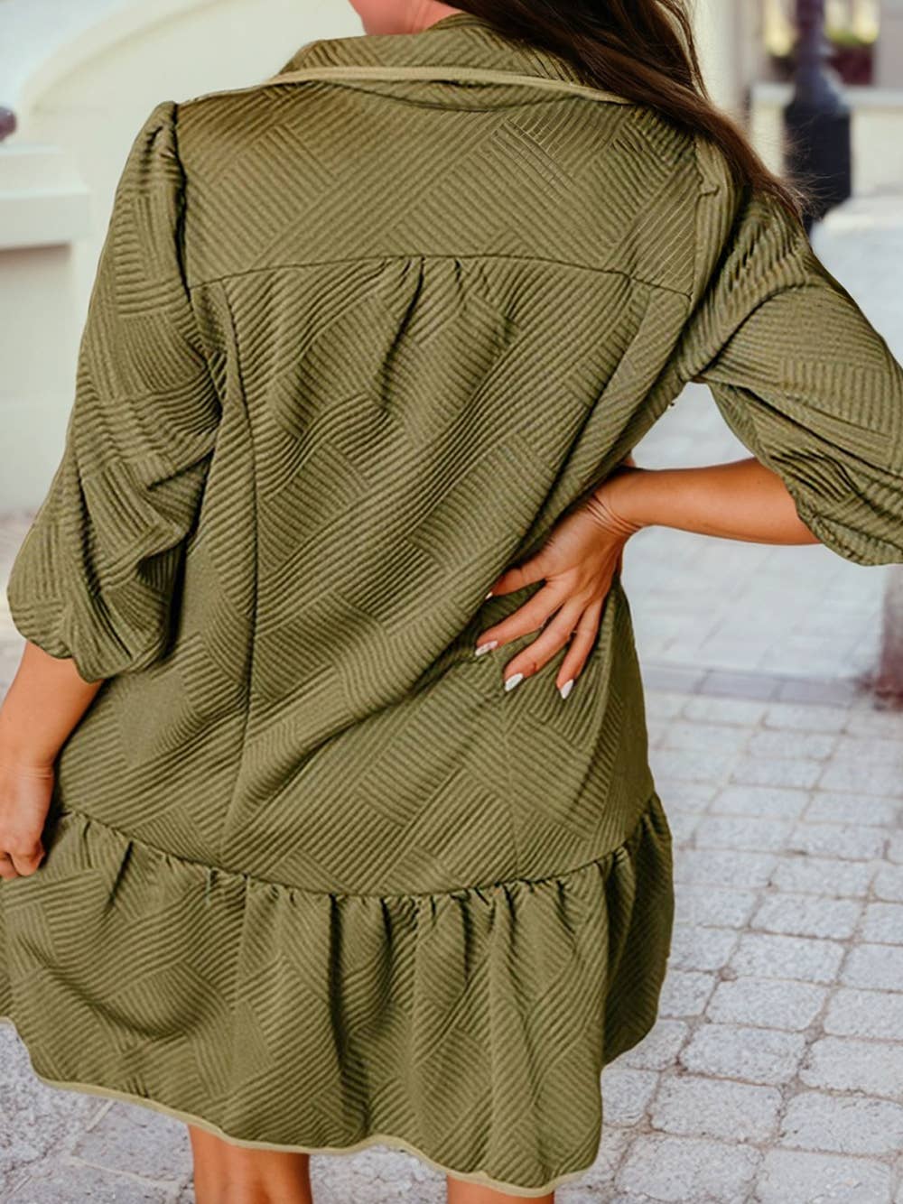 Quarter Zip Collar Bracelet Sleeve Textured Mini Dress
