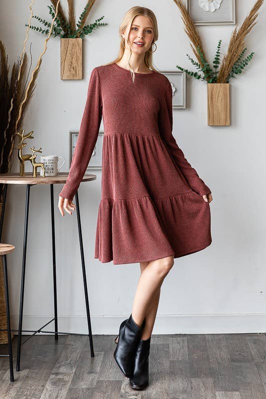 LONG SLEEVE SOLID URBAN RIBBED TIERED MINI DRESS