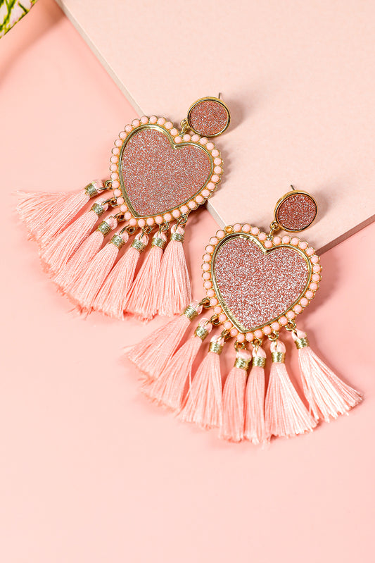 Racing Red Glitter Heart Tassel Valentines Earrings