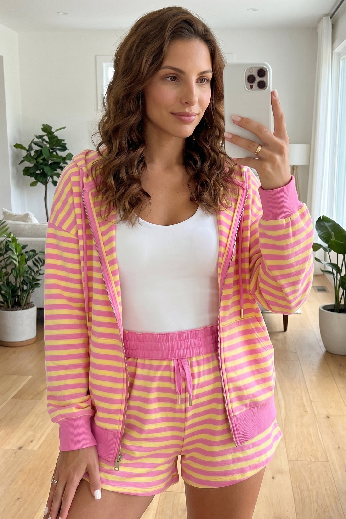 Rose Red Striped Long Sleeve Zip-Up Hoodie Drawstring Elastic Waist 2pcs Short Set
