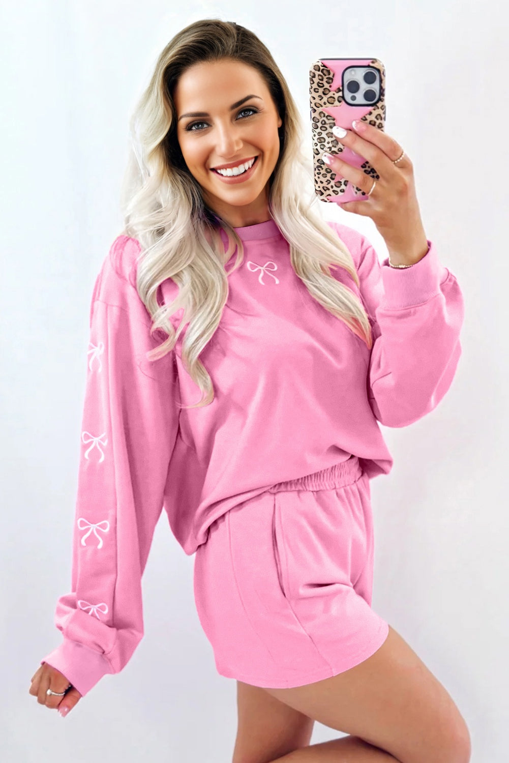 Sachet Pink Bow Embroidery Long Sleeve Pullover and High Waist Shorts Set