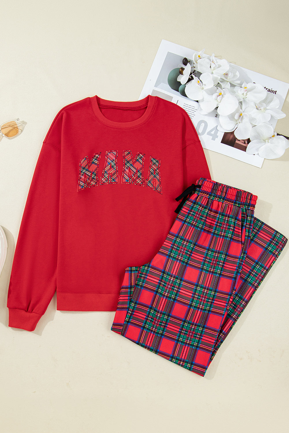 Red Plaid MAMA Graphic Christmas Holiday Crewneck Pullover and Pants Lounge Set
