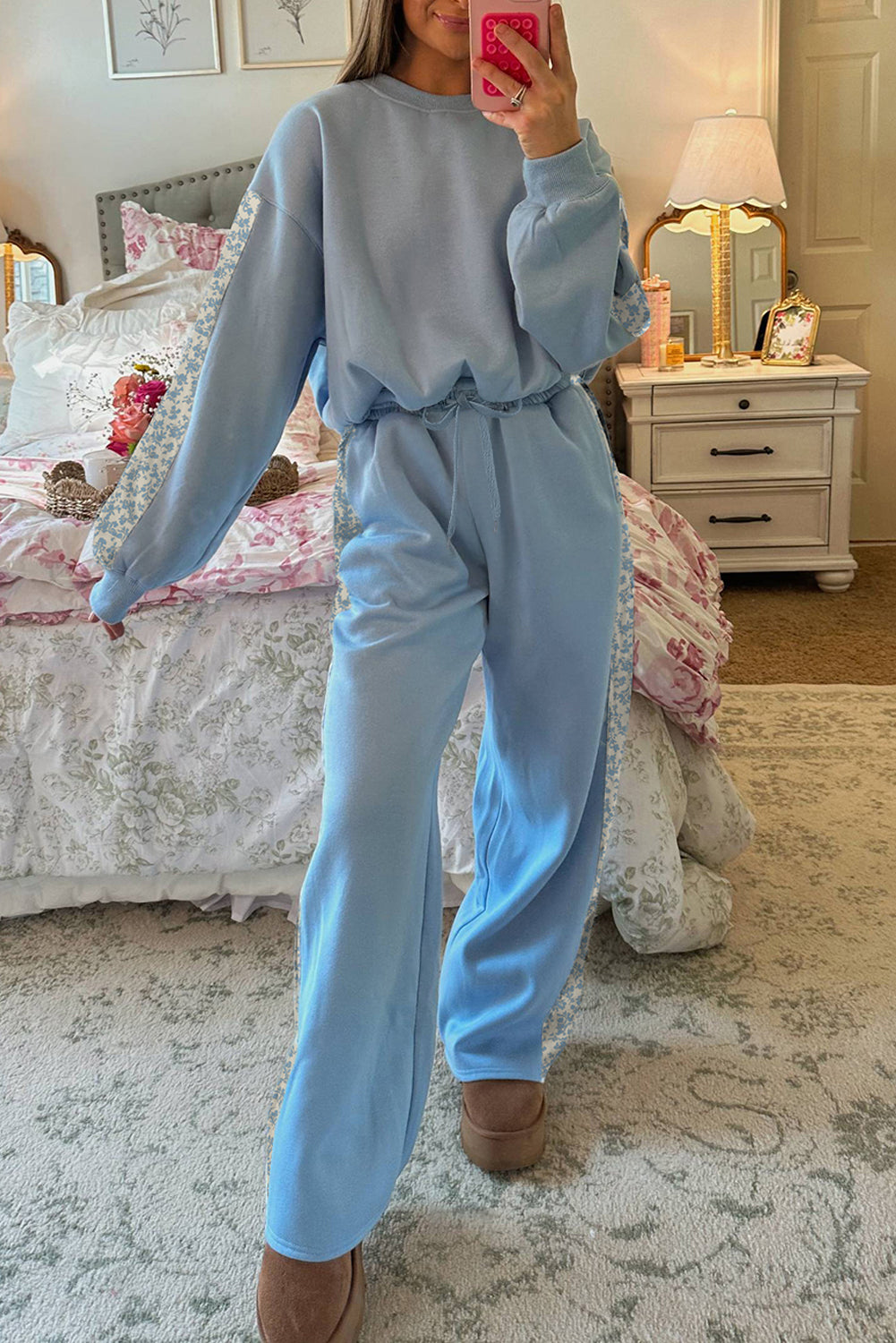 Beau Blue Floral Patchwork Drop Shoulder Pullover and Sweatpants Lounge Set