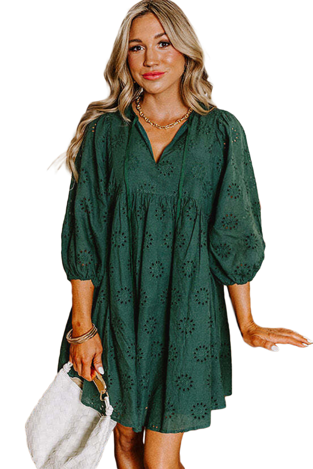 Blackish Green Embroidered Eyelet Pattern Puff Sleeve Mini Dress