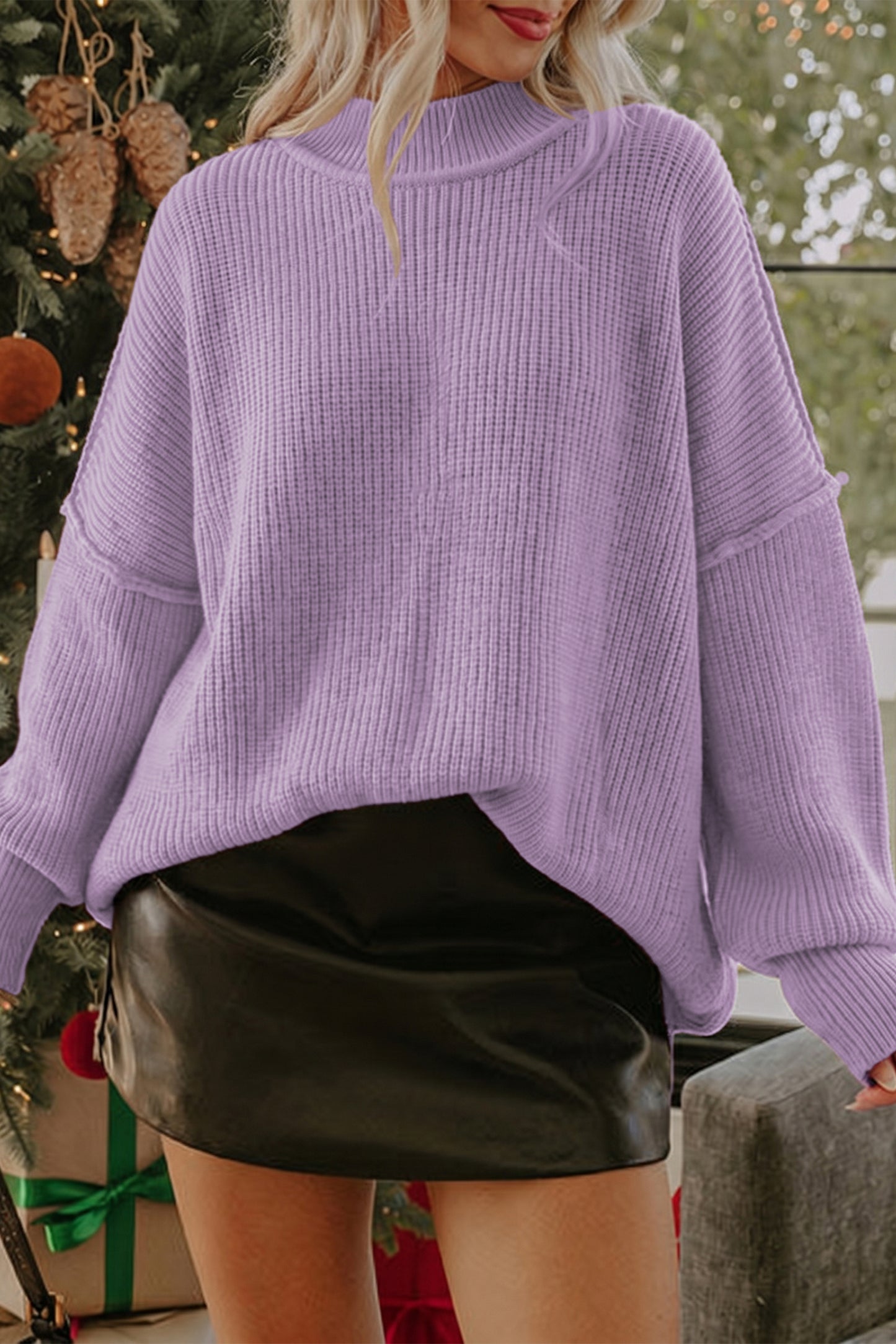 Orchid Bouquet Long Sleeve Ribbed Knit Stand Neck Regular Fit Sweater