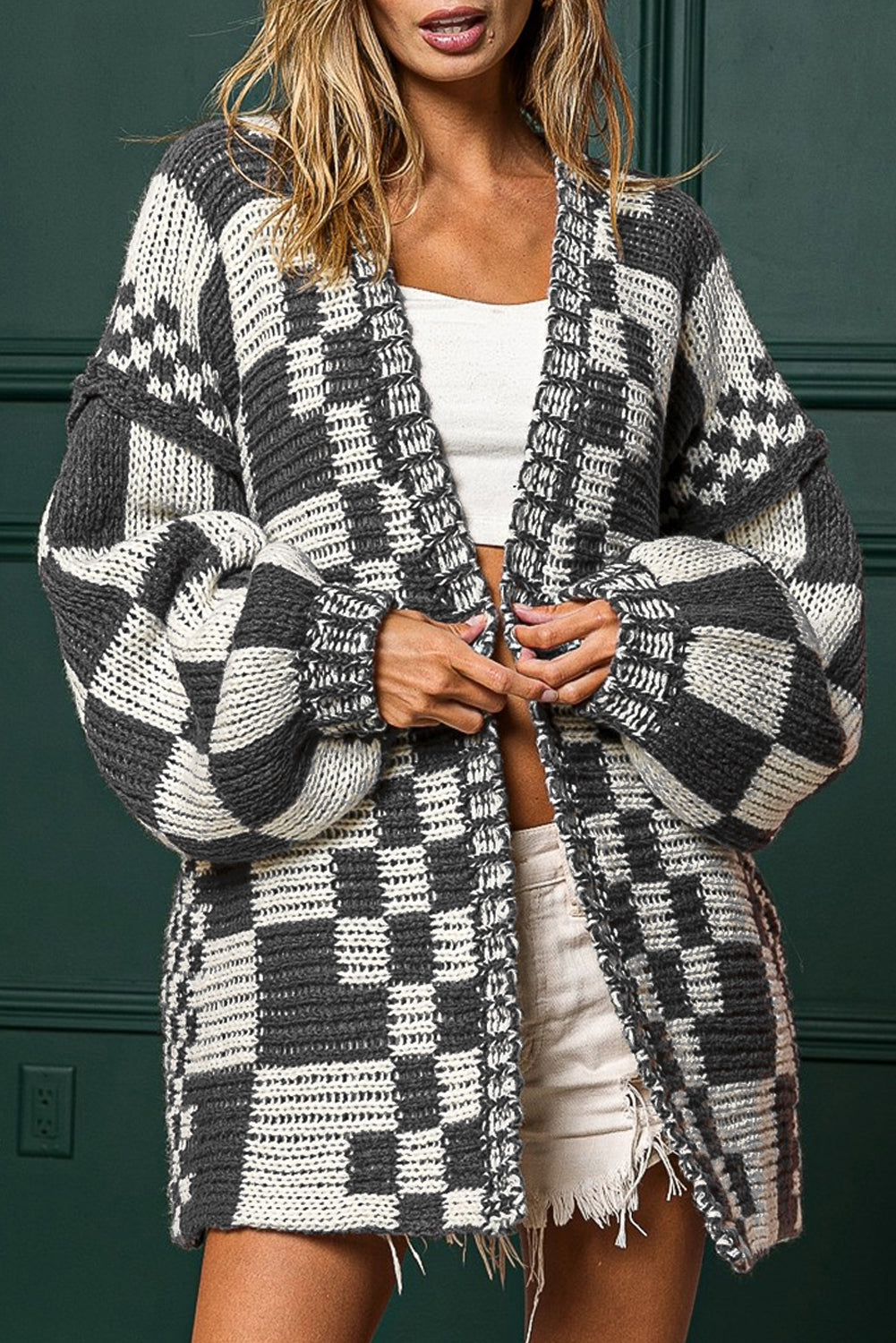 Taupe Colorblock Checked Open Front Knitted Cardigan