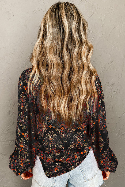 Black Floral Print Collared Button Up Puff Sleeve Shirt
