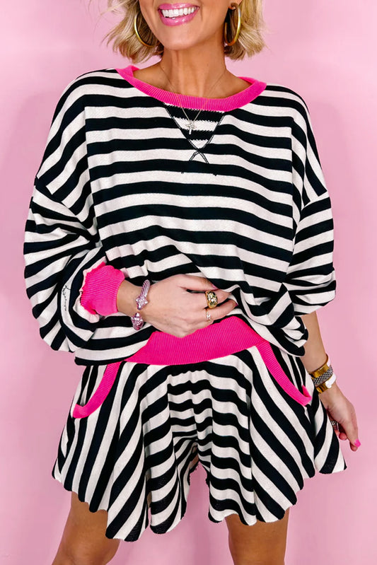 Black Stripe Contrast Trim Long Sleeve Top and Shorts Set