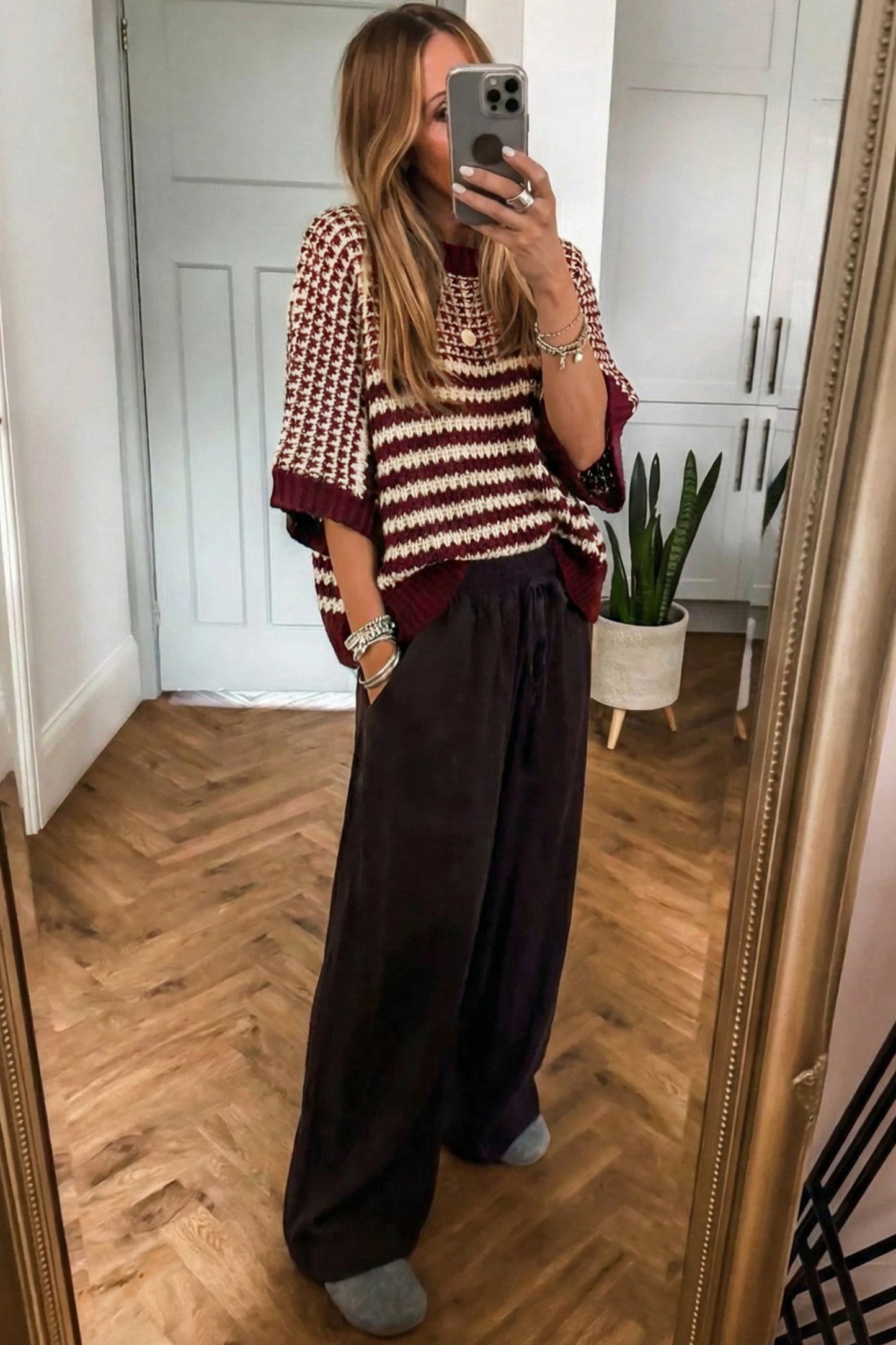 Green Stripe 3/4 Draped Sleeve Slouchy Sweater