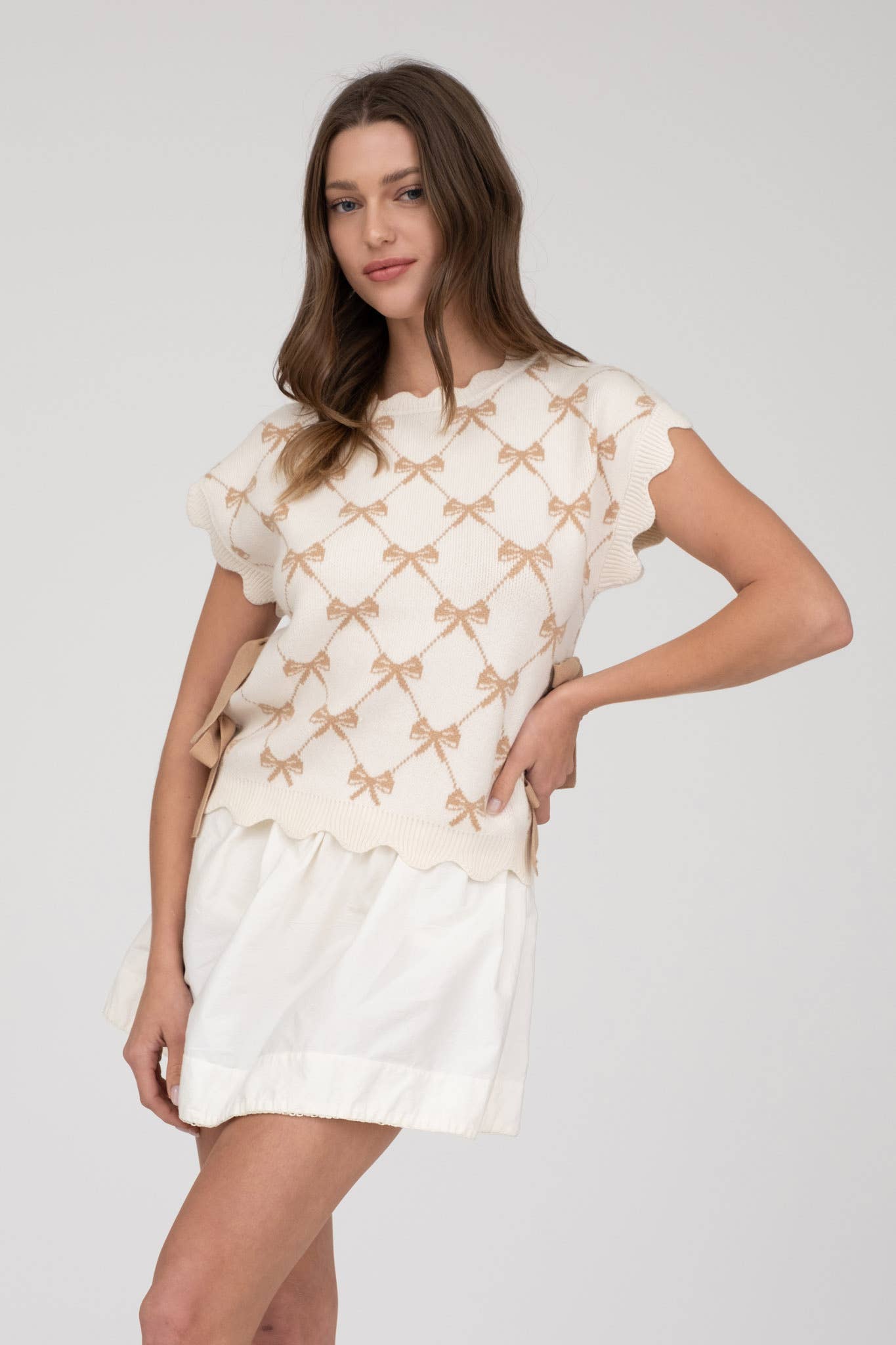 BOW PATTERN SHORT SLEEVE SIDE TIE KNIT PULLOVER