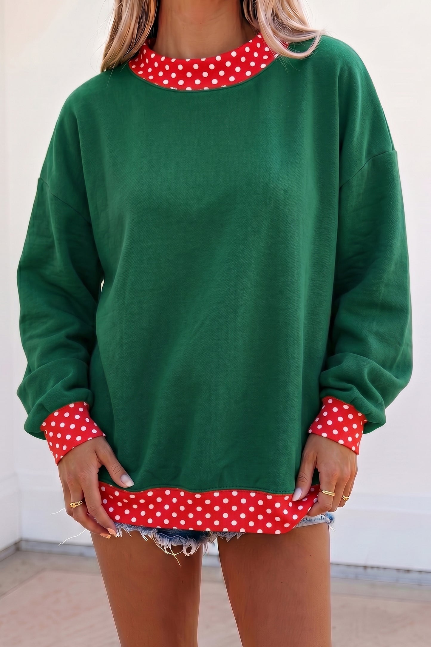 Fiery Red Colorblock Polka Dot Contrast Trim Oversized Sweatshirt