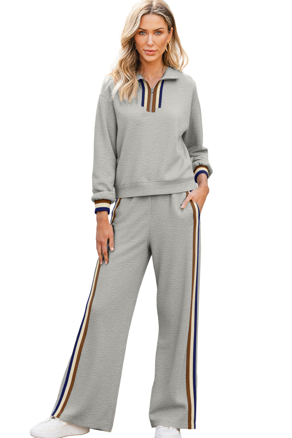 Apricot Striped Patchwork Quarter Zip Pullover Loose Pants Set