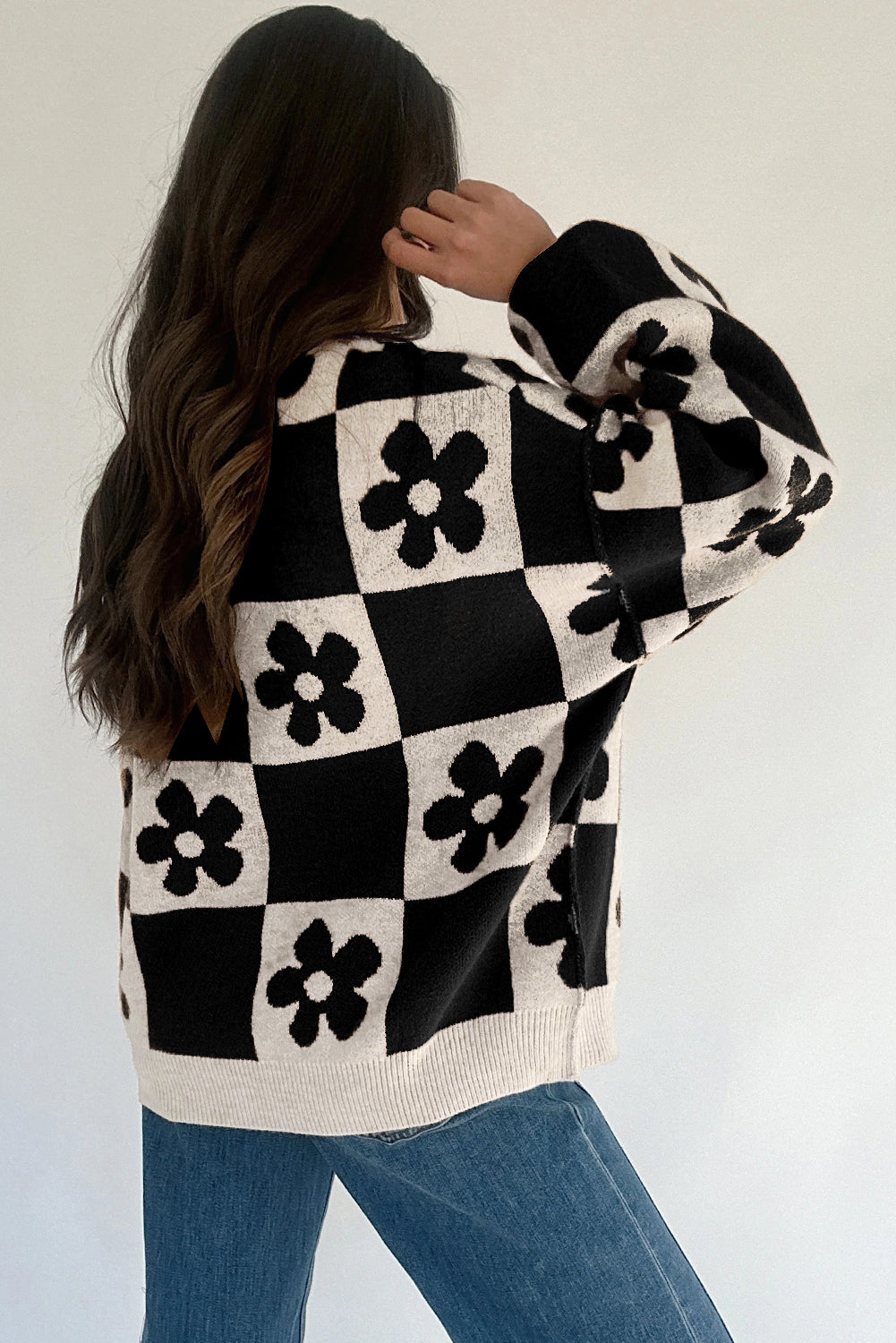 Red Dahlia Flower Colorblock Checkered Henley Sweater