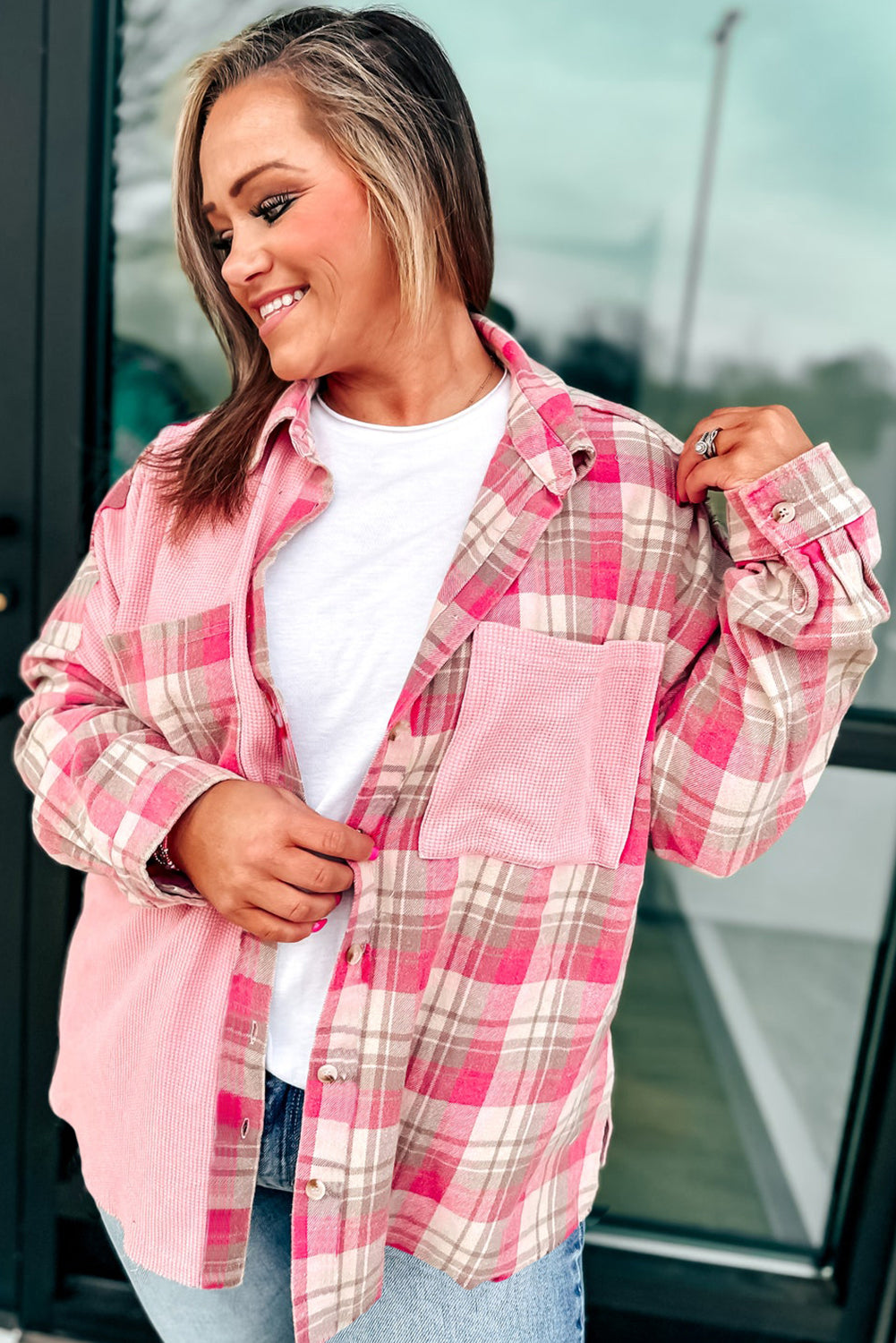 Pink Waffle Pocket Plaid Patchwork Plus Size Shirt