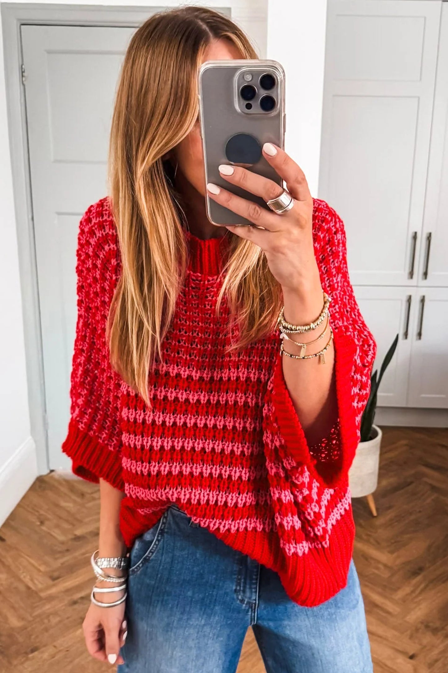 Green Stripe 3/4 Draped Sleeve Slouchy Sweater