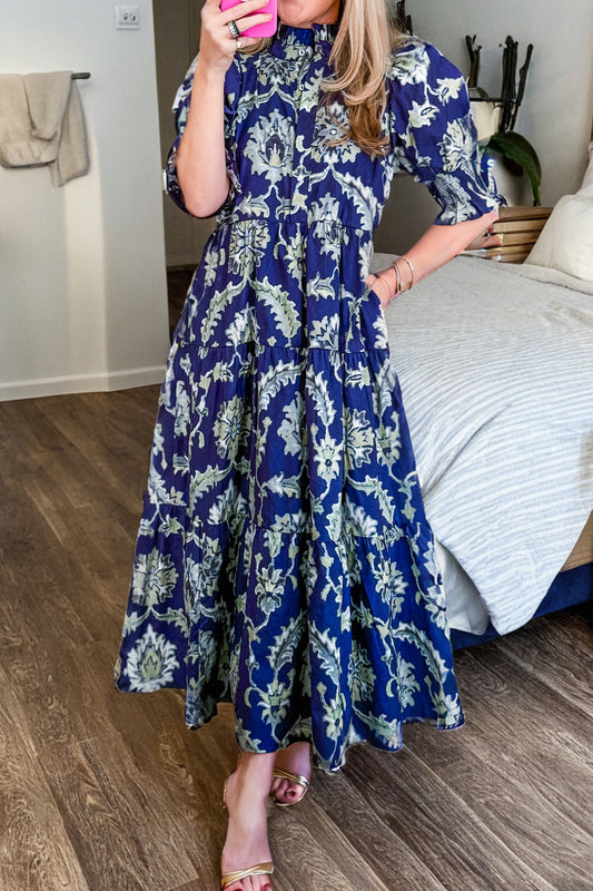 Blue Wild Floral Print Frilled Collar Half Sleeve Long Dress
