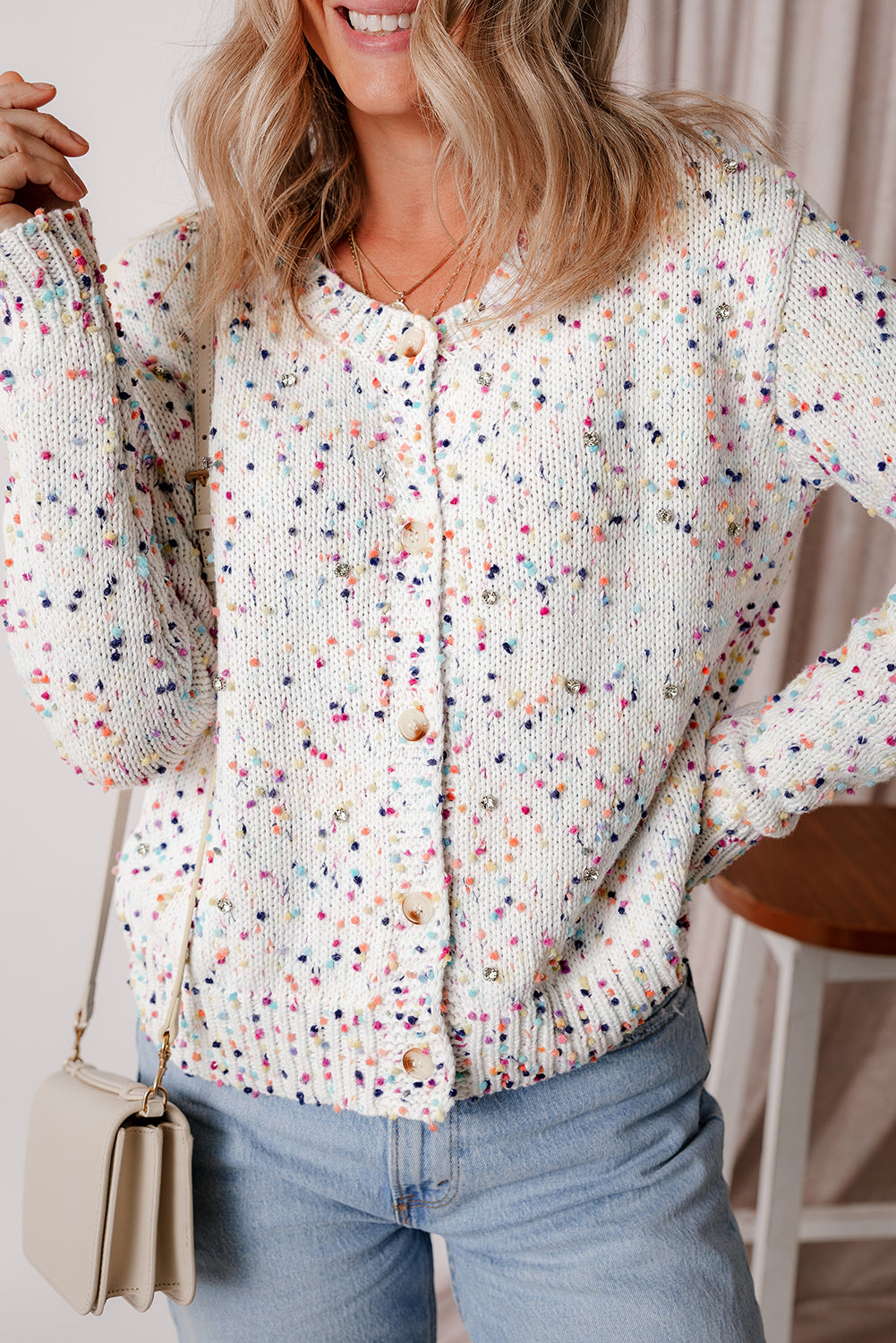 Apricot Confetti Knit Cropped Open Front Cardigan