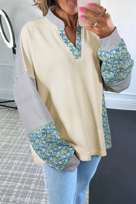 Beige Floral Striped Patchwork Drop Sleeve Boxy Fit Sweatshirt