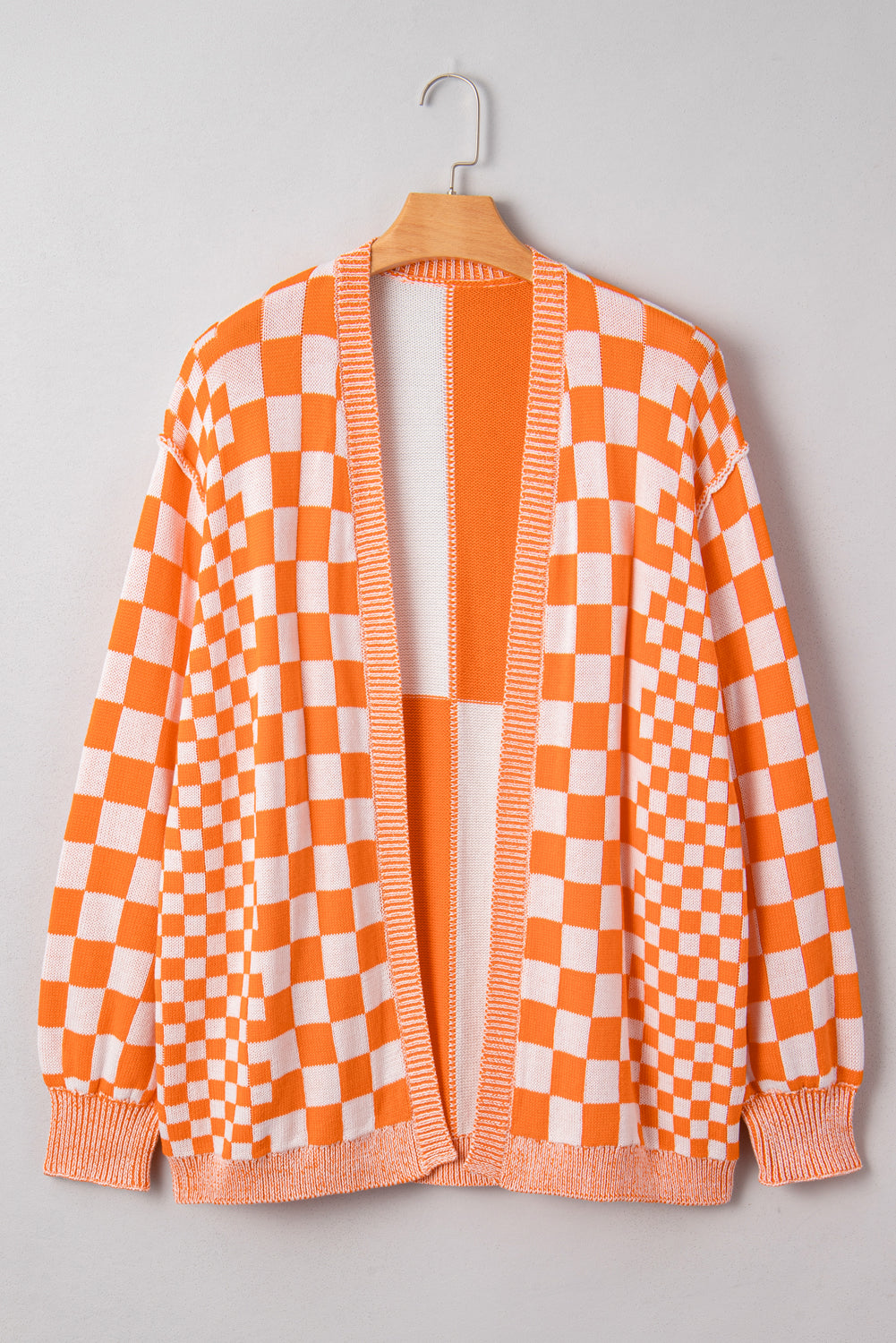 Orange Checkered Bubble Sleeve Plus Size Drop Shoulder Knit Cardigan