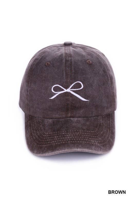 Coquette Ribbon Bow Embroidery Washed Hat: HOT PINK / 1 (ONE SIZE)
