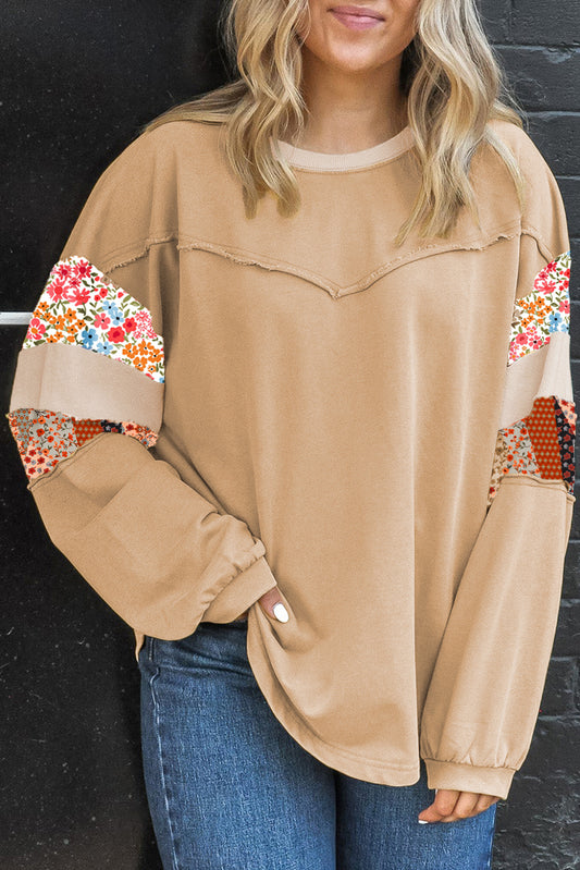 Khaki Exposed Seam Floral Mixed Patchwork Plus Size Top